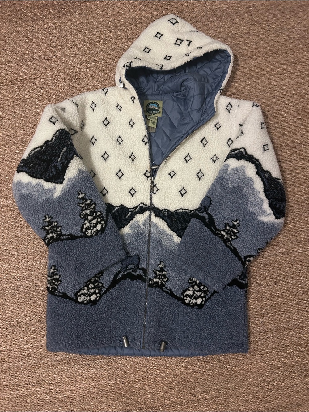 Hooded Sherpa Jacket in Cream and Blue